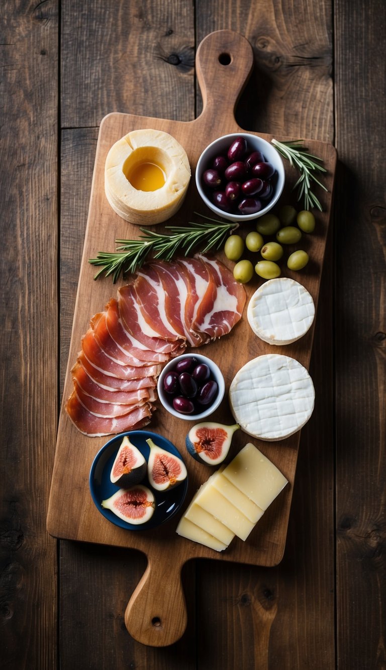 A rustic wooden board holds an array of Prosciutto di Parma and other Italian charcuterie, accompanied by artisanal cheeses, olives, and figs