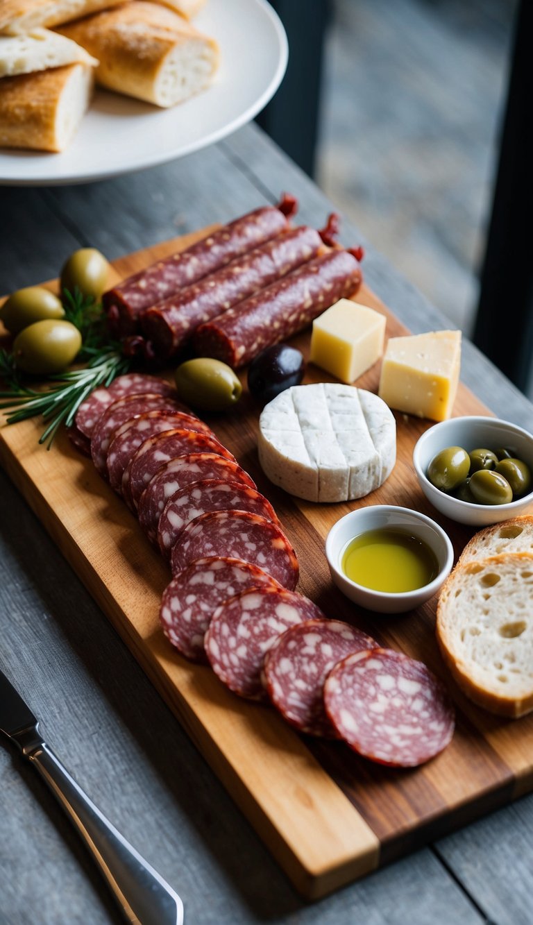 A wooden board displays a variety of Calabrese salami and other Italian charcuterie, accompanied by olives, cheeses, and bread