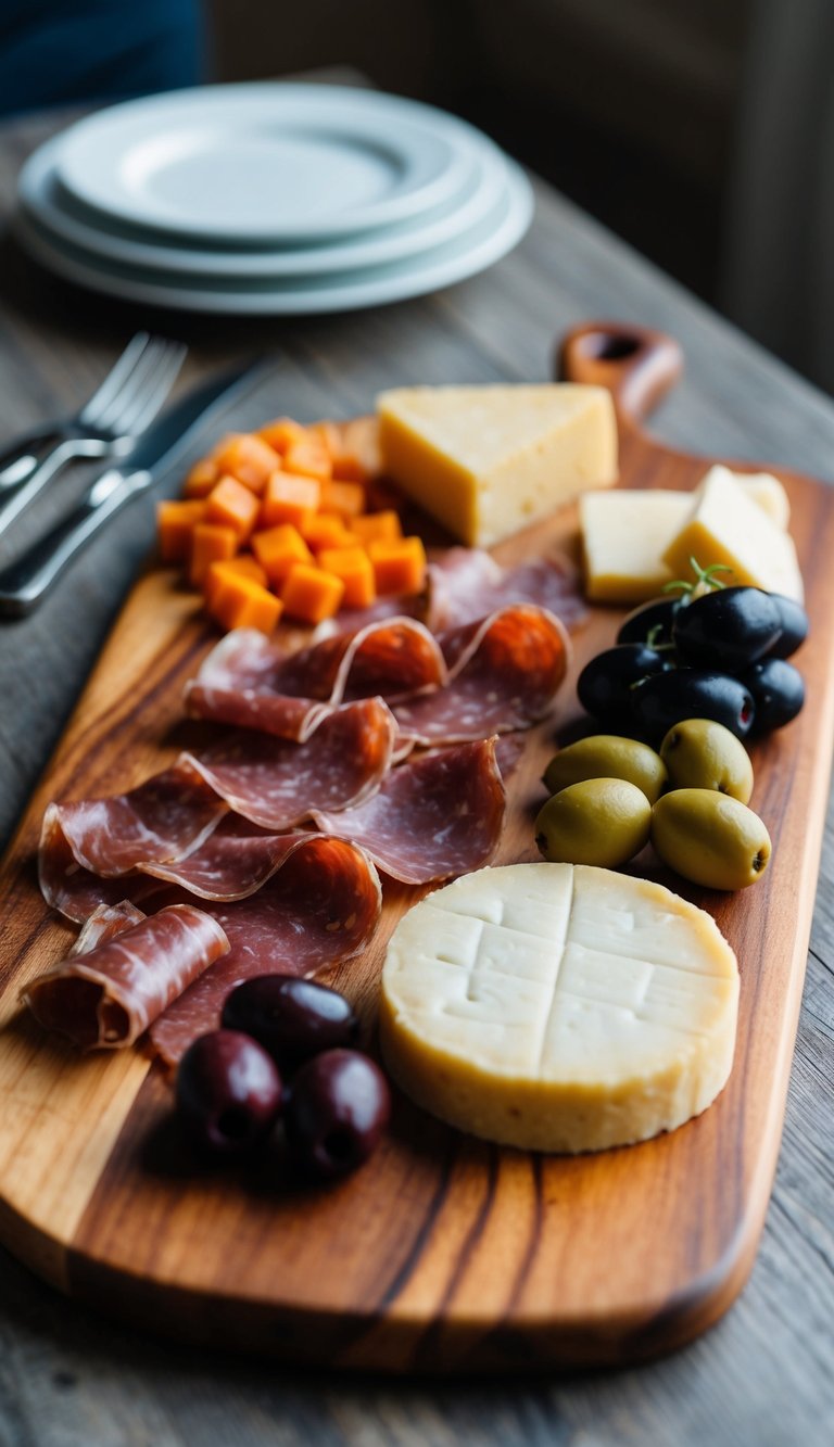 A wooden charcuterie board with bresaola, cheese, olives, and other Italian delicacies arranged in an aesthetically pleasing manner
