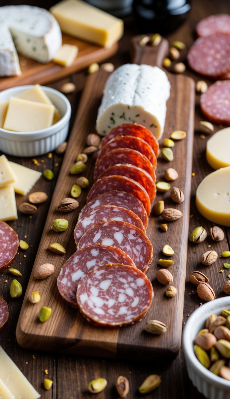 A wooden charcuterie board with mortadella slices and scattered pistachios, surrounded by other Italian meats and cheeses