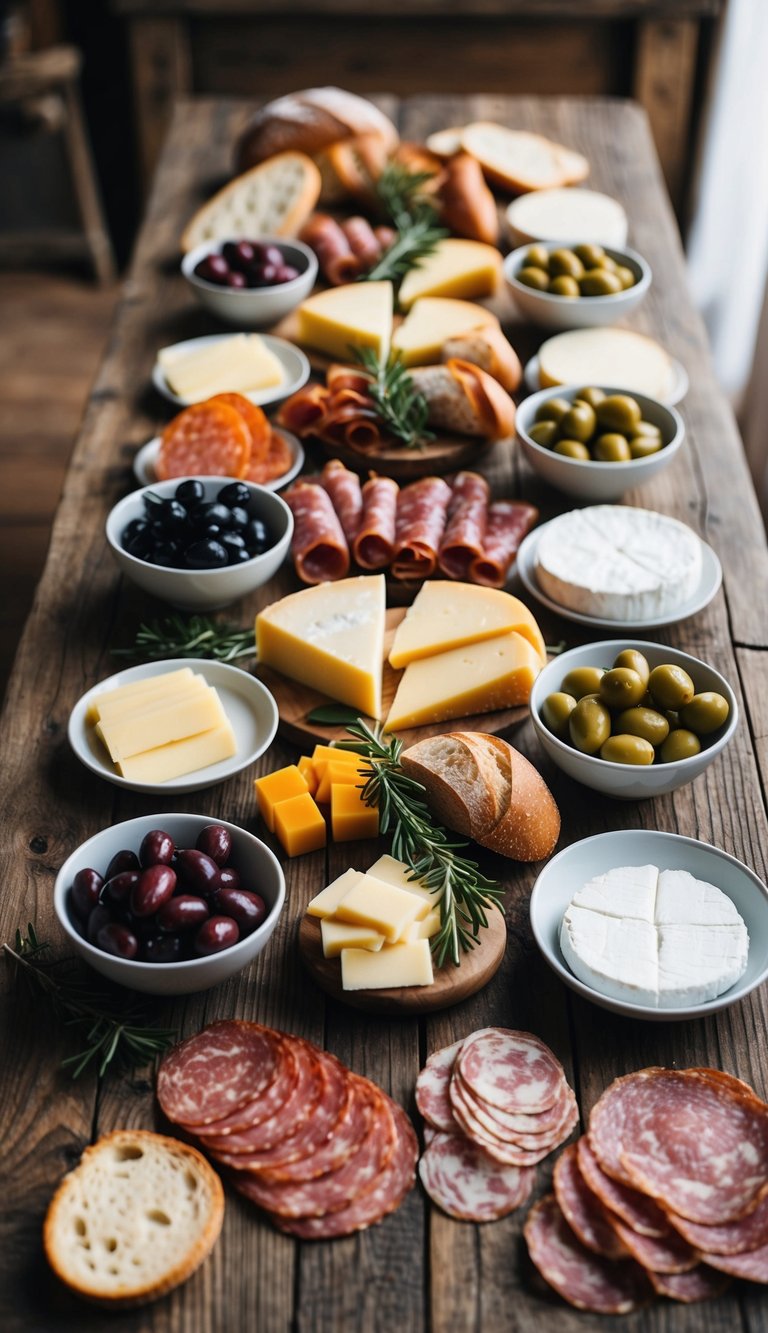 A rustic wooden table adorned with an array of Italian cured meats, cheeses, olives, and bread, arranged in an artful and appetizing display
