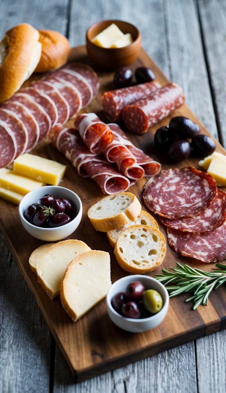 A rustic wooden board with a variety of Italian charcuterie including capocollo, prosciutto, salami, and other cured meats, accompanied by olives, cheeses, and bread