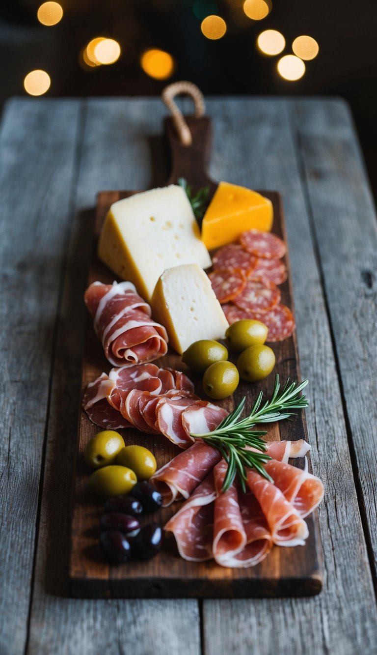 A rustic wooden board adorned with Pecorino Romano cheese, prosciutto, salami, olives, and other Italian charcuterie delights