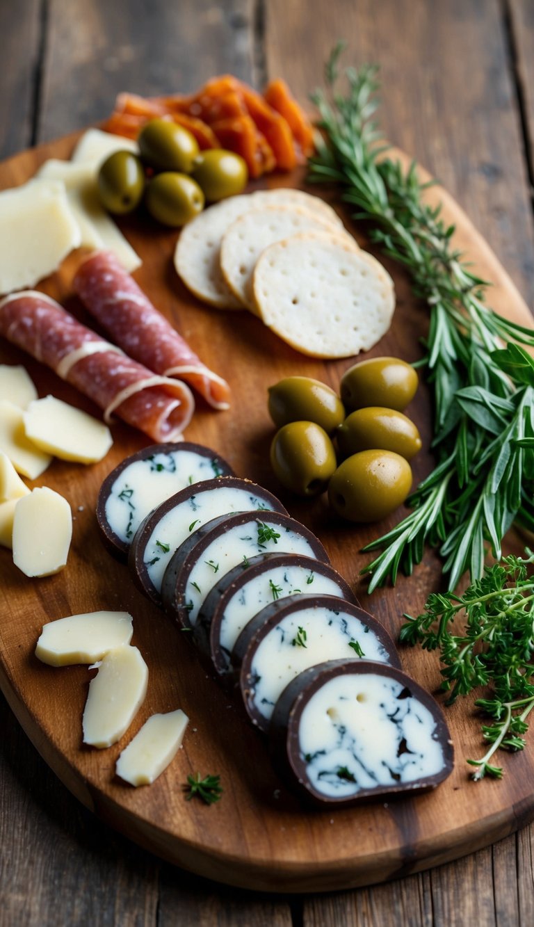 A rustic wooden board adorned with slices of Gorgonzola Dolce, accompanied by an assortment of Italian charcuterie, olives, and fresh herbs