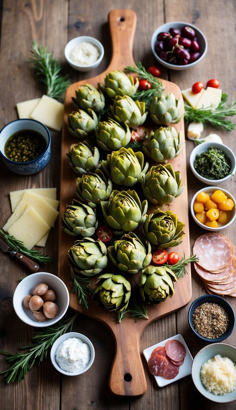 A rustic wooden board adorned with marinated artichokes, surrounded by various Italian charcuterie items and garnishes