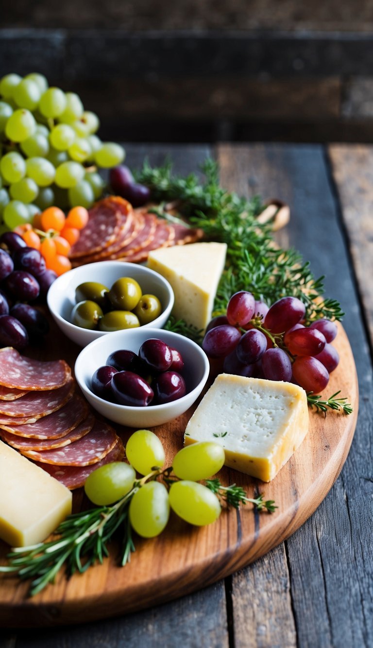 A rustic wooden charcuterie board holds an assortment of Sicilian olives, meats, and cheeses, surrounded by sprigs of fresh herbs and clusters of ripe grapes