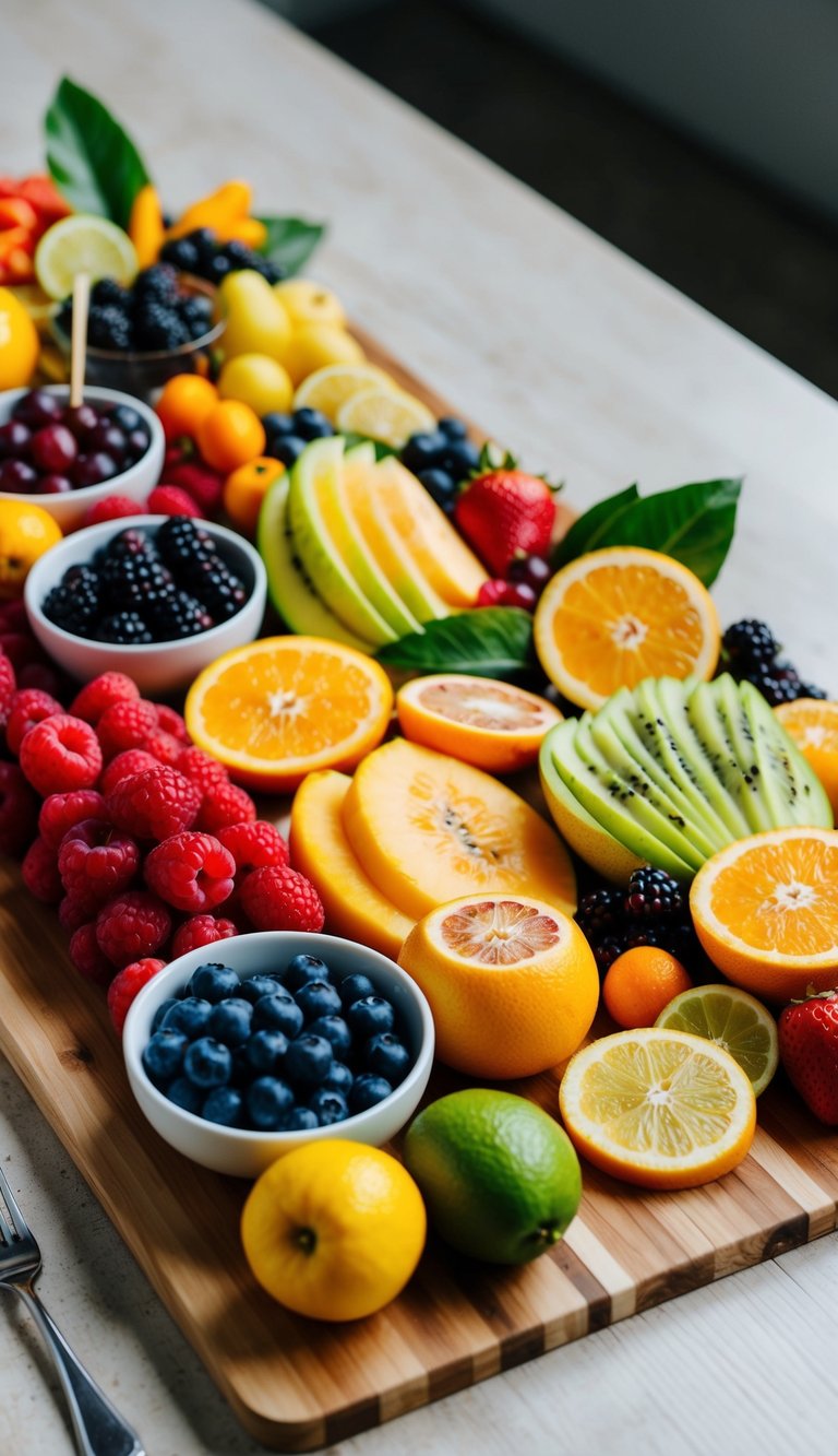 A colorful array of fruits arranged on a wooden board, including berries, melon, citrus, and tropical fruits, with accompanying dips and garnishes