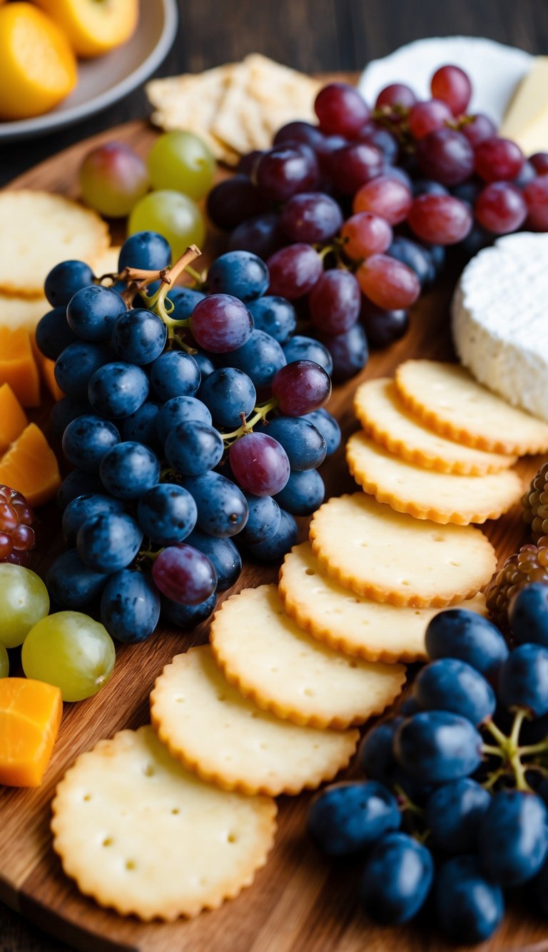 A wooden charcuterie board with an assortment of grapes and brie, surrounded by other fruits and cheeses, arranged in an aesthetically pleasing display