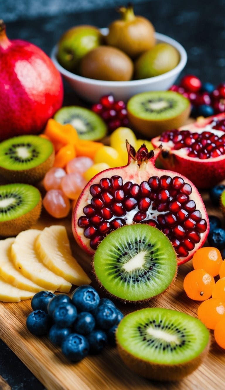 A wooden charcuterie board filled with a colorful assortment of kiwi and pomegranate, surrounded by various other fruits and berries