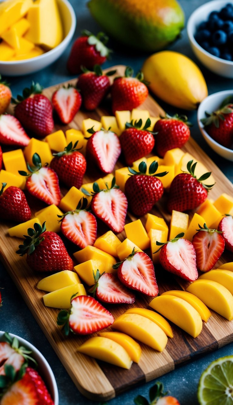 A vibrant array of sliced strawberries and mangoes arranged on a wooden charcuterie board, surrounded by a variety of other colorful fruits