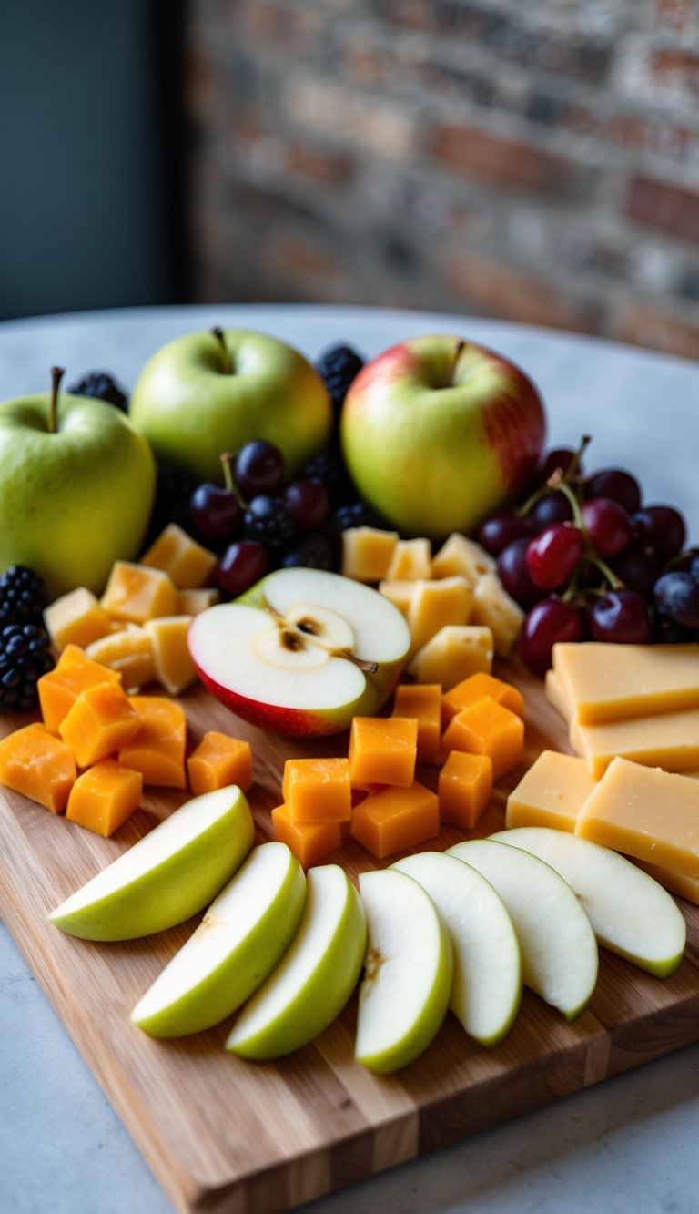 A wooden charcuterie board with sliced apples, chunks of cheddar cheese, and assorted fruit arranged in an artistic display