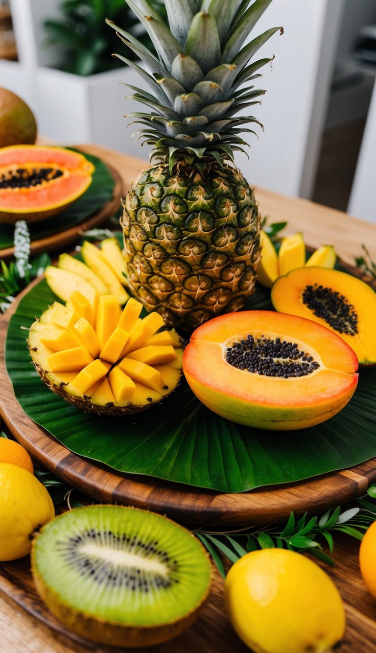 A vibrant array of tropical fruits arranged on a wooden platter, including papaya, pineapple, mango, and kiwi, with decorative garnishes and greenery