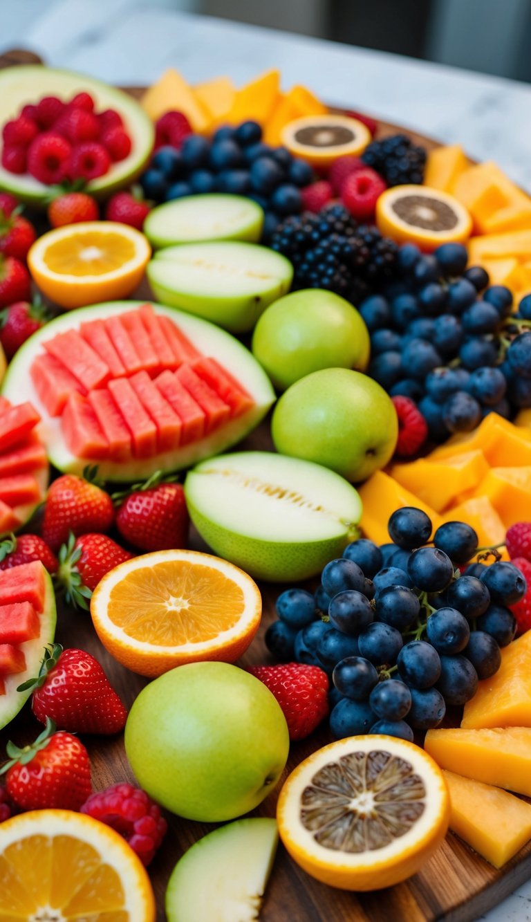 A colorful array of fresh fruits arranged on a wooden charcuterie board, including berries, melon, grapes, and citrus slices