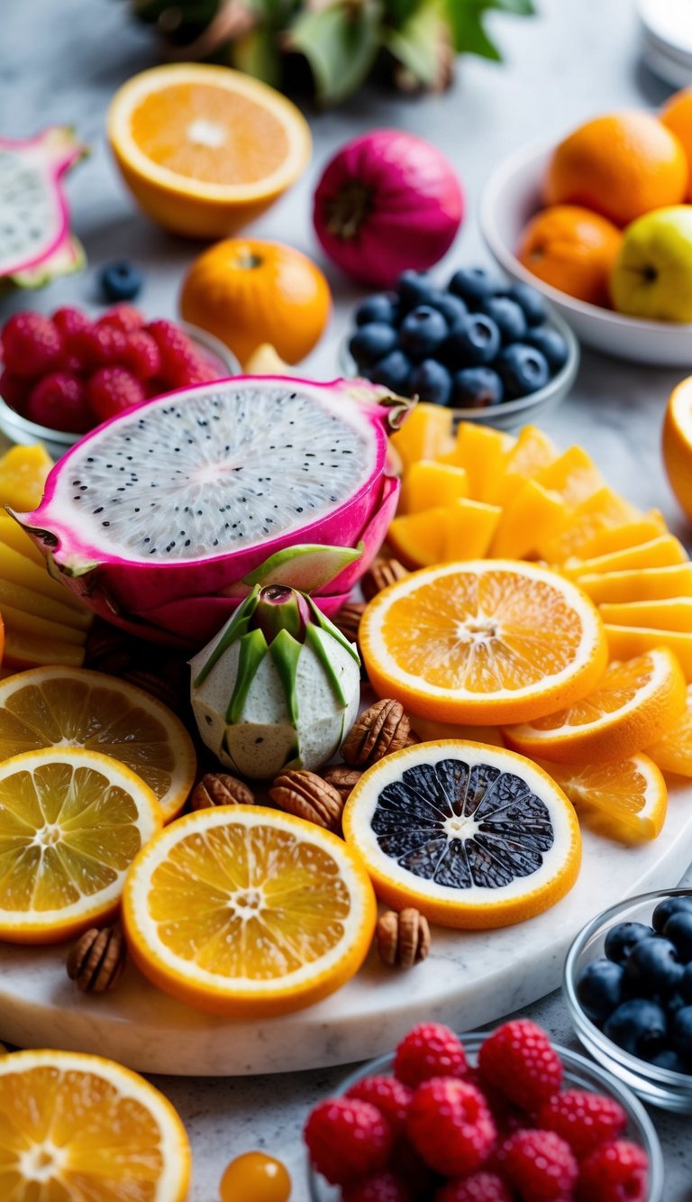 A vibrant charcuterie board with dragon fruit and citrus slices, surrounded by an array of colorful fruits and berries