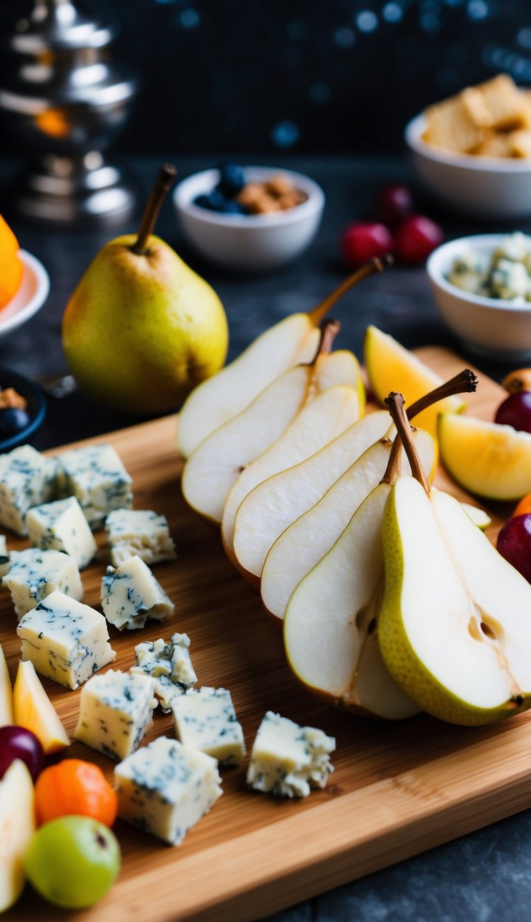 A wooden charcuterie board displays a variety of sliced pears and chunks of blue cheese, surrounded by other fruits and accompaniments