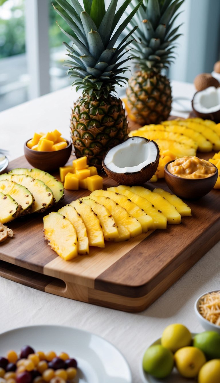 A wooden charcuterie board with a variety of tropical fruits, including pineapple and coconut spread, arranged in an artistic and appetizing display