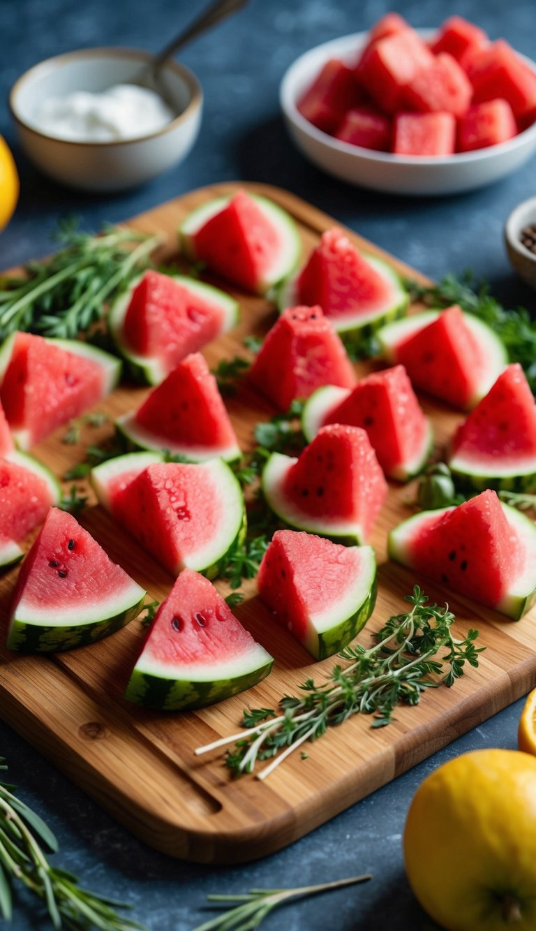 A wooden charcuterie board filled with colorful watermelon radish bites, surrounded by various fruits and herbs