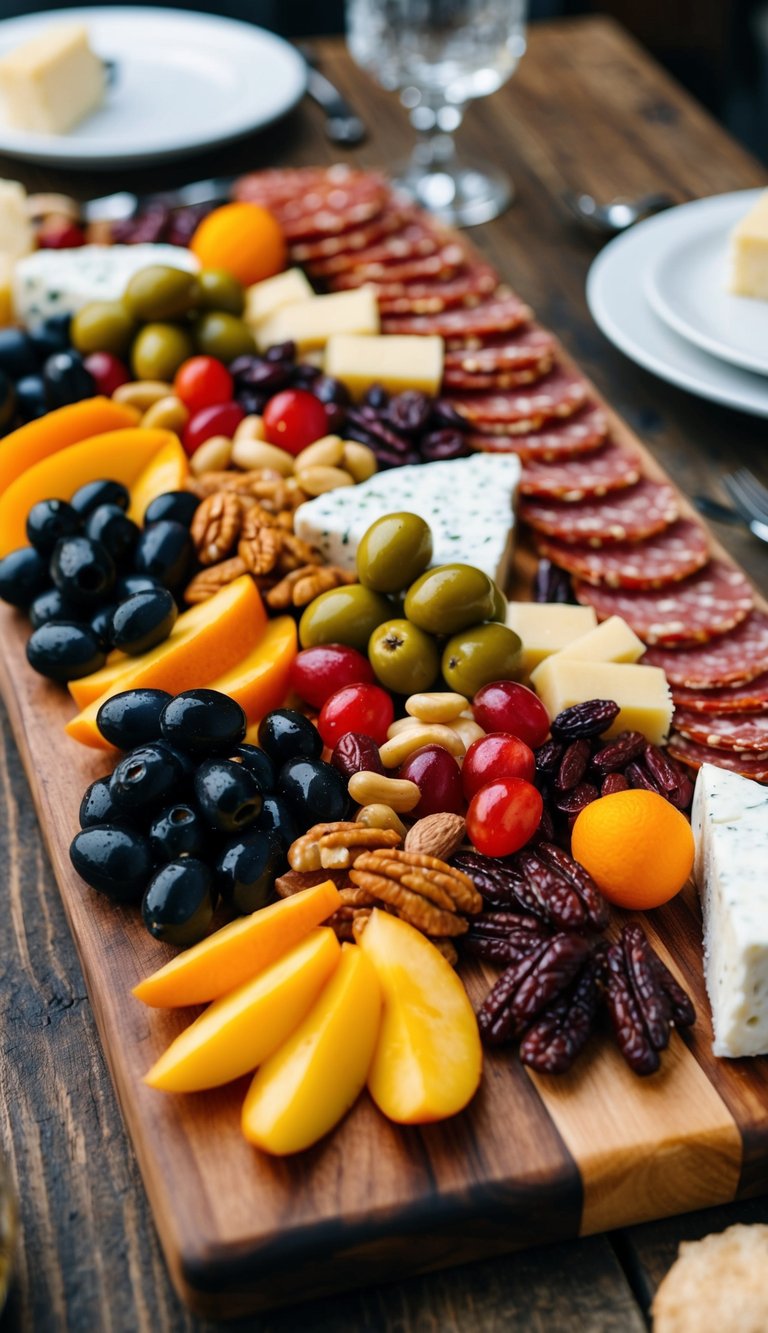 A rustic wooden board filled with vibrant Mediterranean charcuterie, including olives, cheeses, fruits, nuts, and cured meats, arranged in an artful and appetizing display