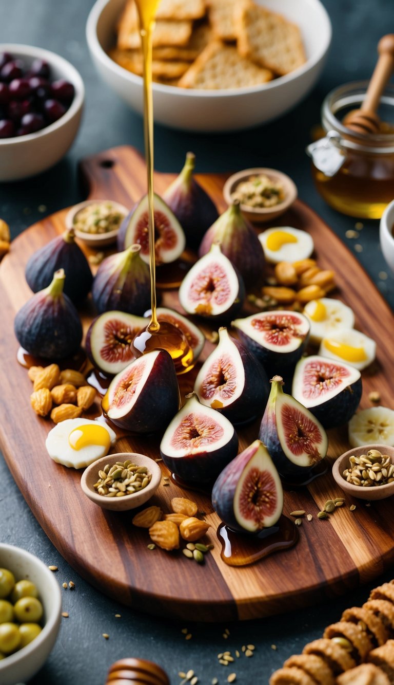 A wooden charcuterie board with fresh figs drizzled with honey, surrounded by various Mediterranean-inspired healthy snacks and ingredients