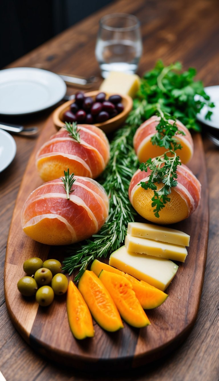 A wooden charcuterie board with prosciutto-wrapped melon, olives, cheese, and fresh herbs arranged in an artistic and appetizing display