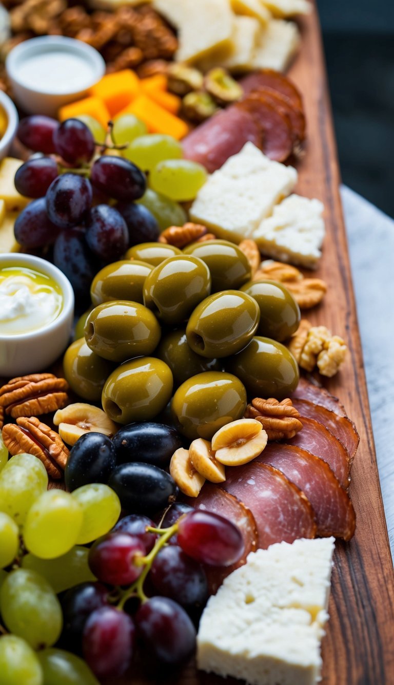A wooden board with olives, feta cheese, grapes, nuts, and sliced meats arranged in a colorful and appetizing display