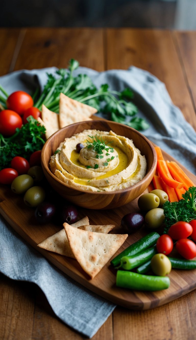 A wooden board with an assortment of hummus and pita chips, surrounded by fresh vegetables and olives