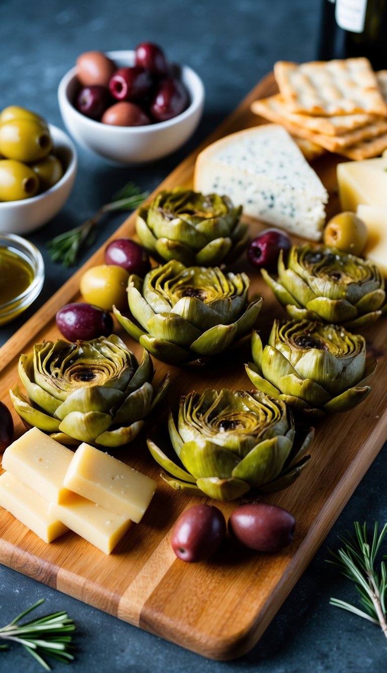 A wooden charcuterie board is filled with marinated artichoke hearts, surrounded by olives, cheese, and other Mediterranean-inspired snacks