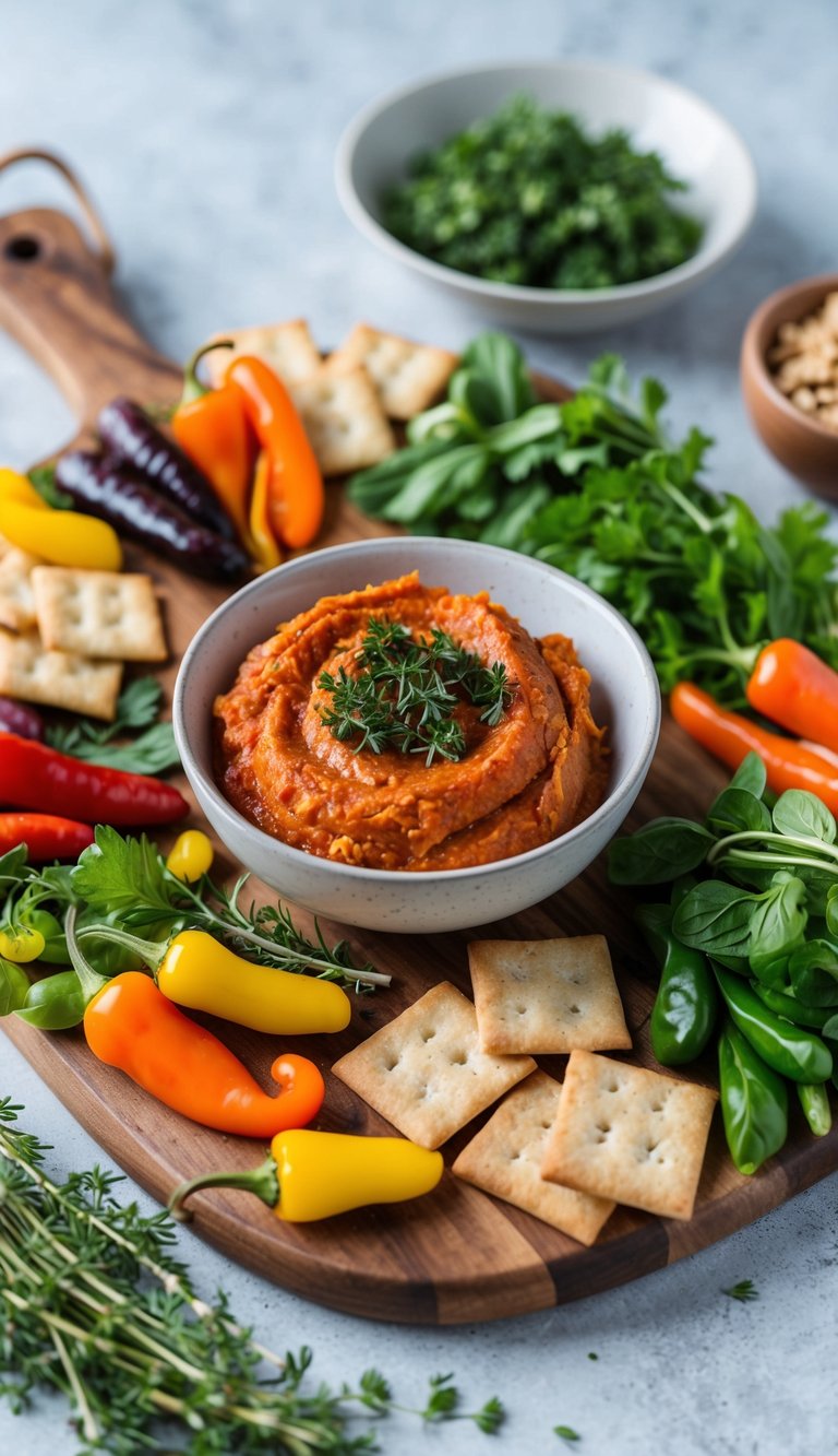 A rustic wooden charcuterie board with a variety of healthy Mediterranean snacks, including a vibrant roasted red pepper spread, surrounded by fresh herbs and colorful vegetables