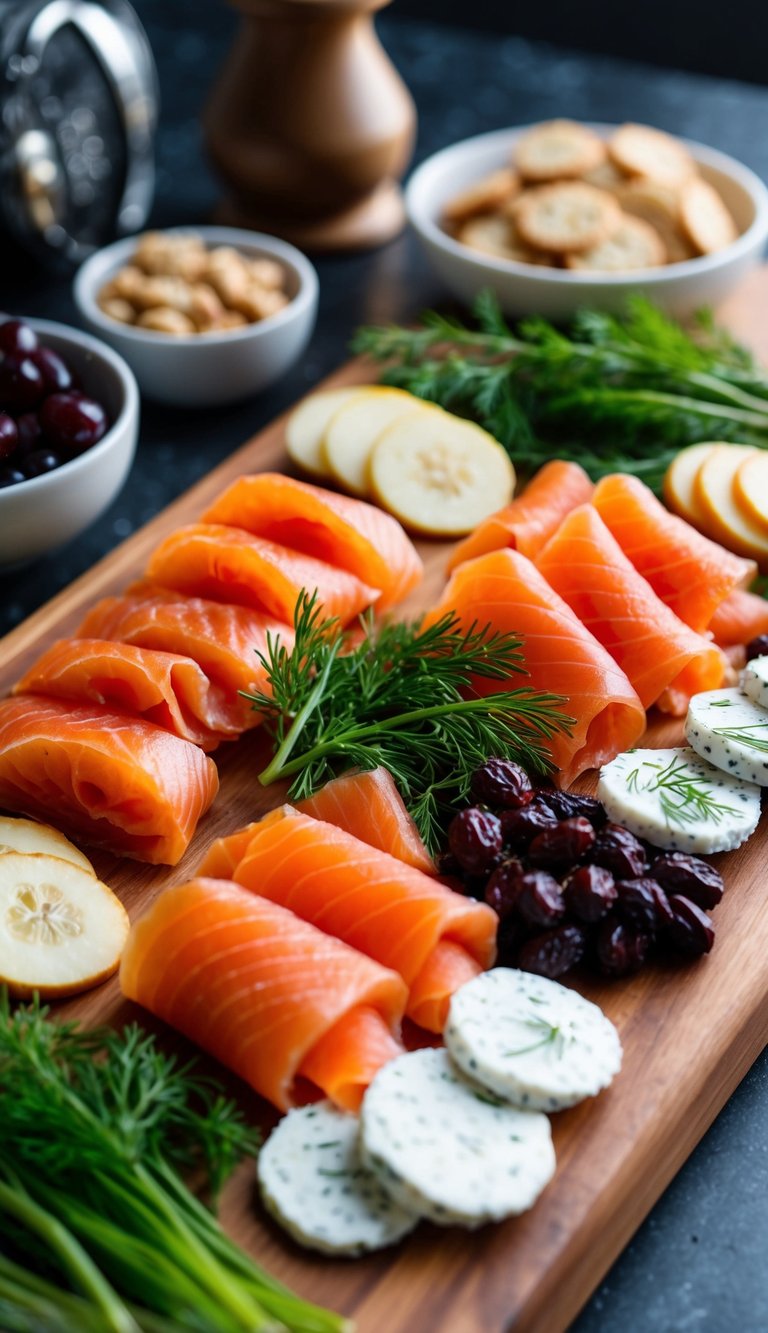 A wooden charcuterie board with smoked salmon slices, fresh dill, and other Mediterranean-inspired healthy snacks arranged in an appetizing display