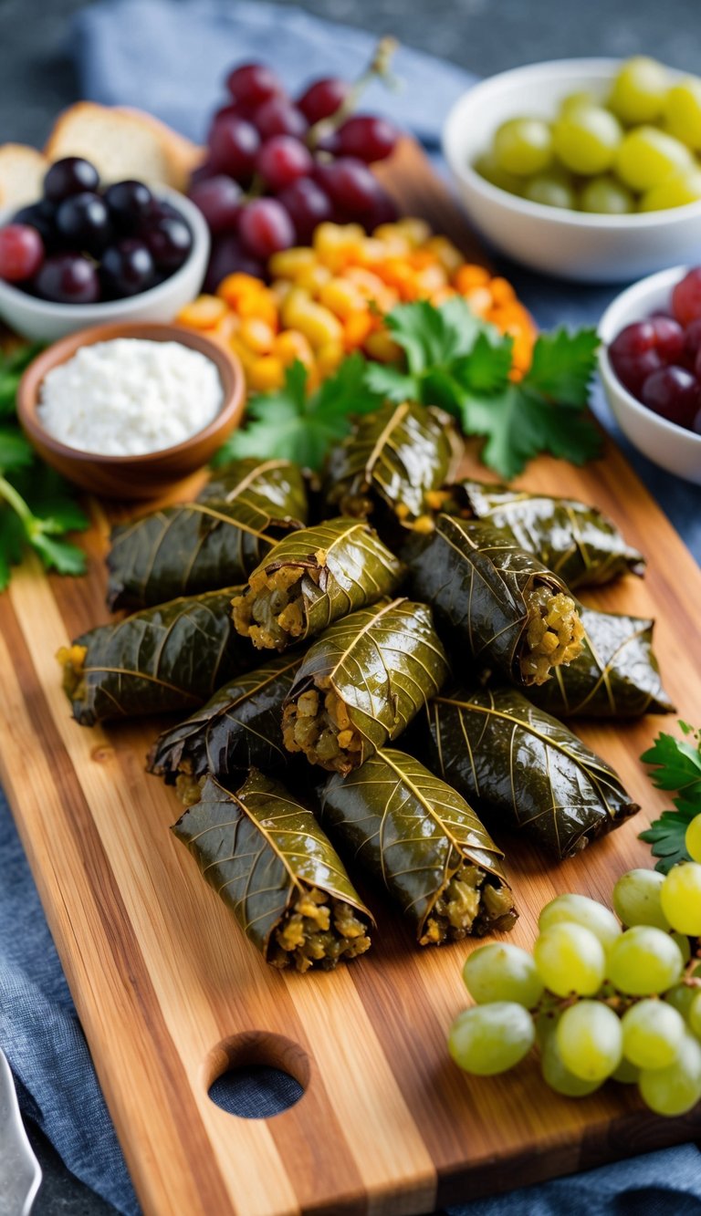 A wooden charcuterie board adorned with vibrant stuffed grape leaves, surrounded by an assortment of colorful Mediterranean ingredients