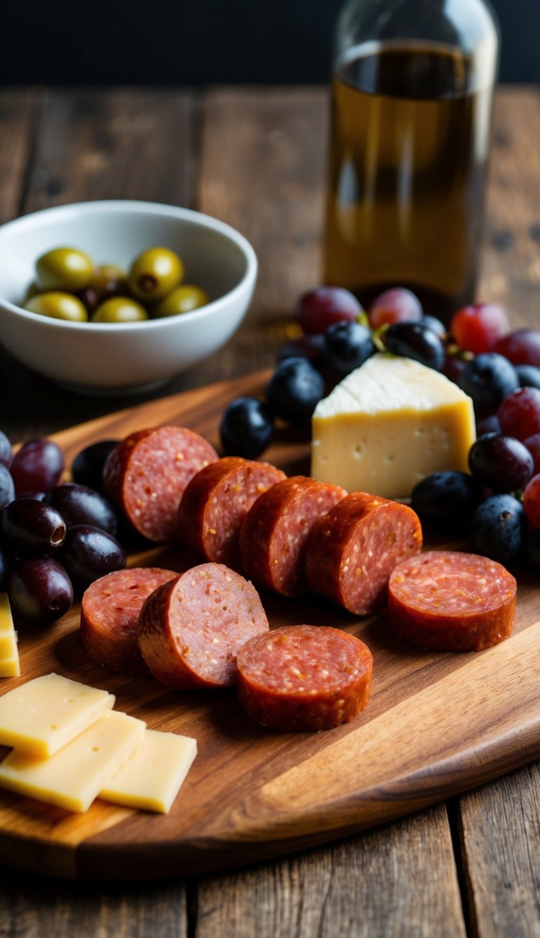 Slices of spicy chorizo arranged with olives, cheese, and grapes on a wooden charcuterie board