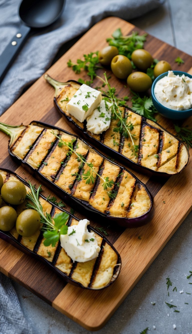 Grilled eggplant slices arranged on a wooden board with olives, hummus, feta cheese, and fresh herbs